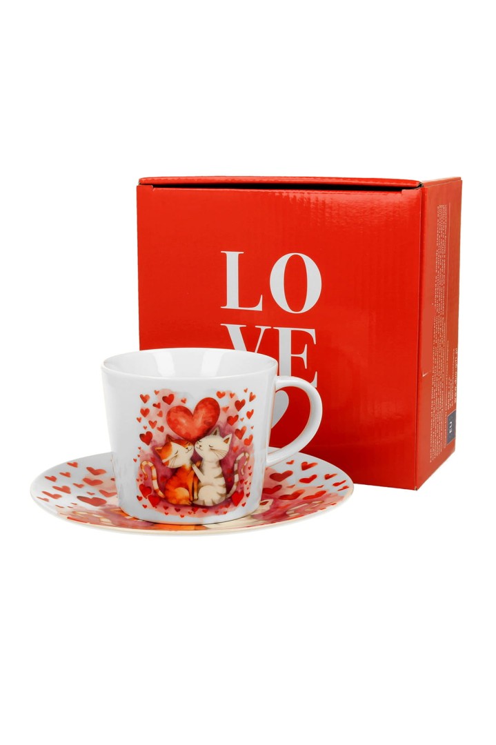 Tasse mit Untertasse Katze verliebtes Paar