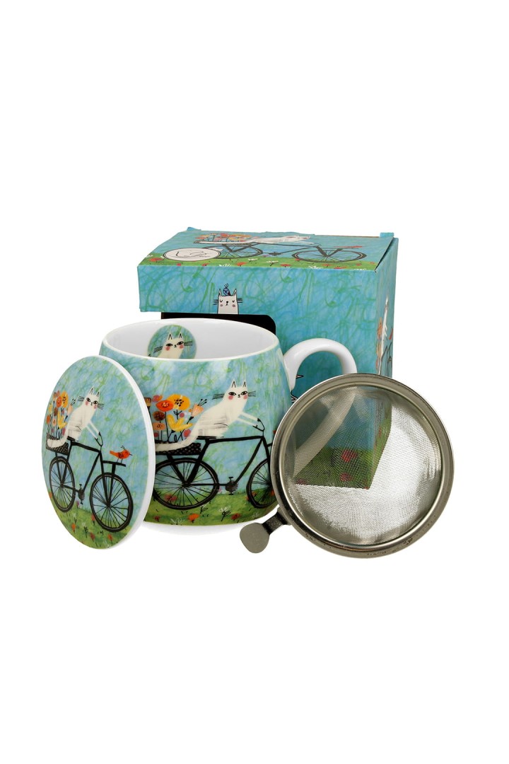 Tasse mit Brauerkatze auf einem Fahrrad 