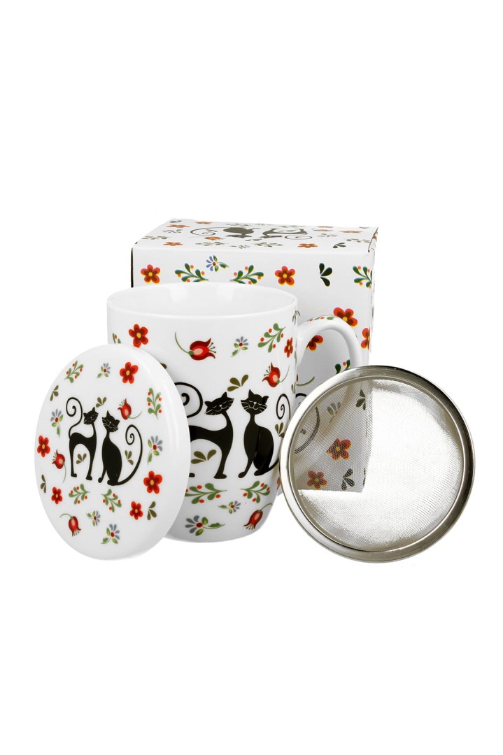 Becher mit Brüher und Deckel mit Katzen- und Blumenmotiv