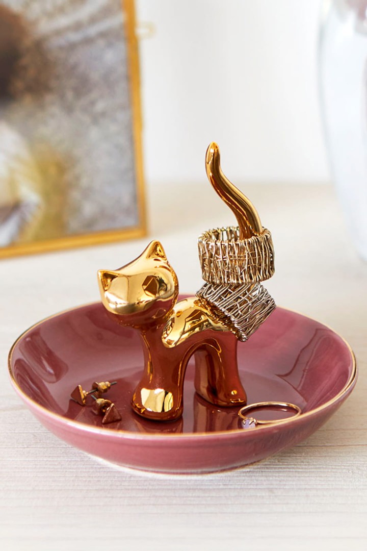 Rosa Porzellan-Schmucktablett mit goldener Katze
