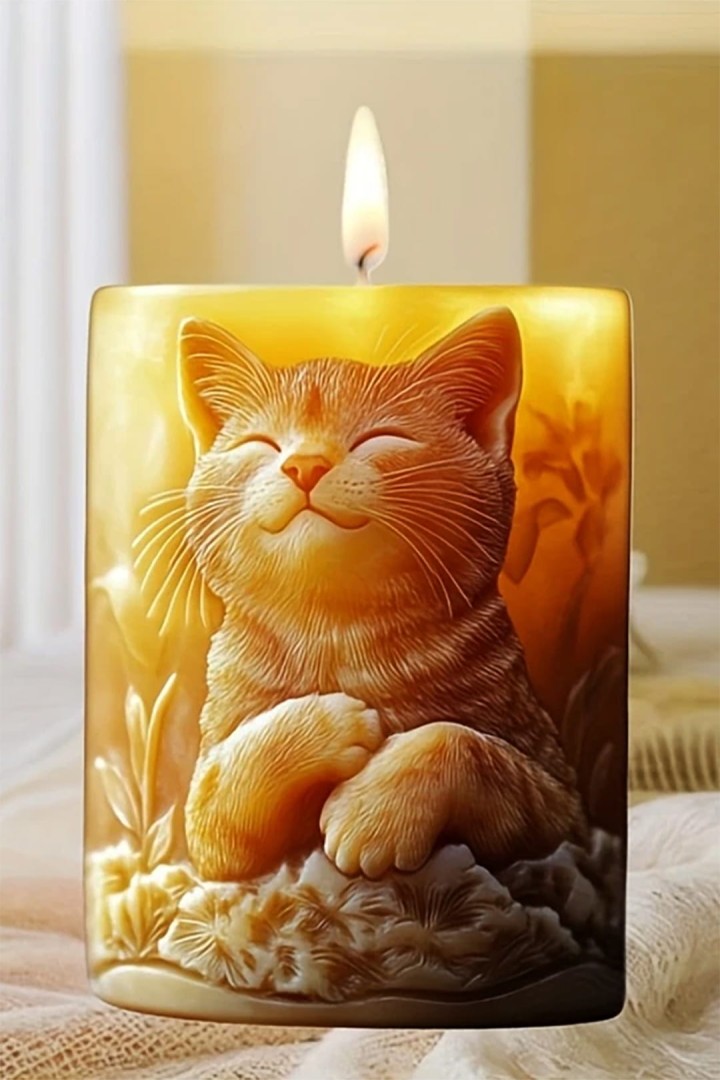 Sojakerze mit Katze auf der Wiese Geschenk für Katzenmenschen