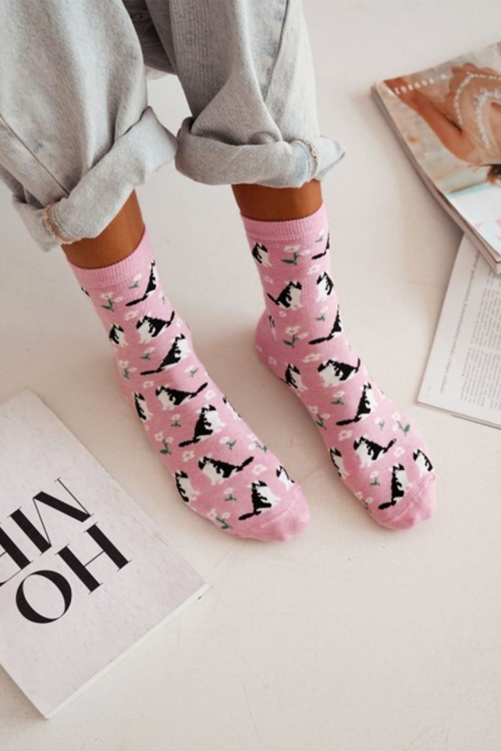 Damensocken mit Katzen und Blumen Geschenk für eine Katzendame Größe 37-41