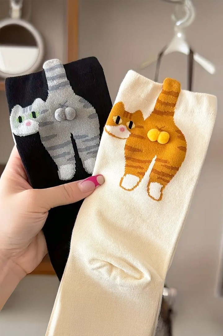 Schwarze Socken mit Katze und 3D Eiern Geschenk für Katzenliebhaber