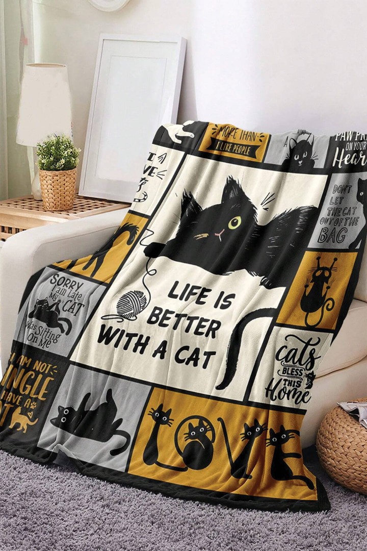 Weiche und warme Katzendecke in schwarz Katzen 150 x 200 cm