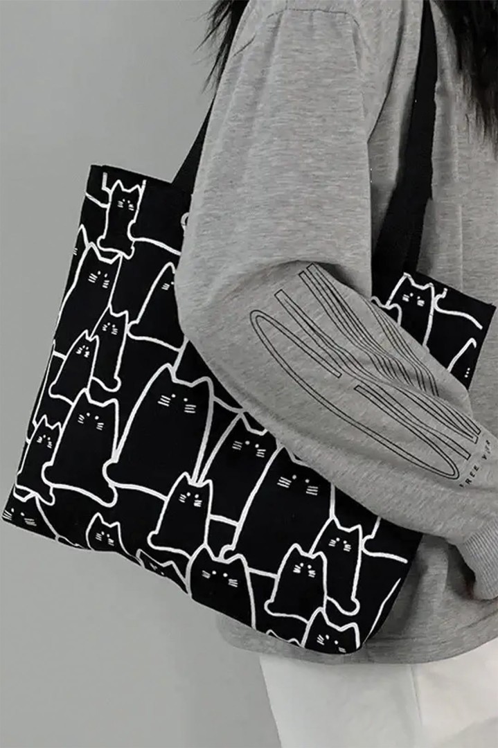 Schwarze Stoff-Einkaufstasche mit Katzenmotiv