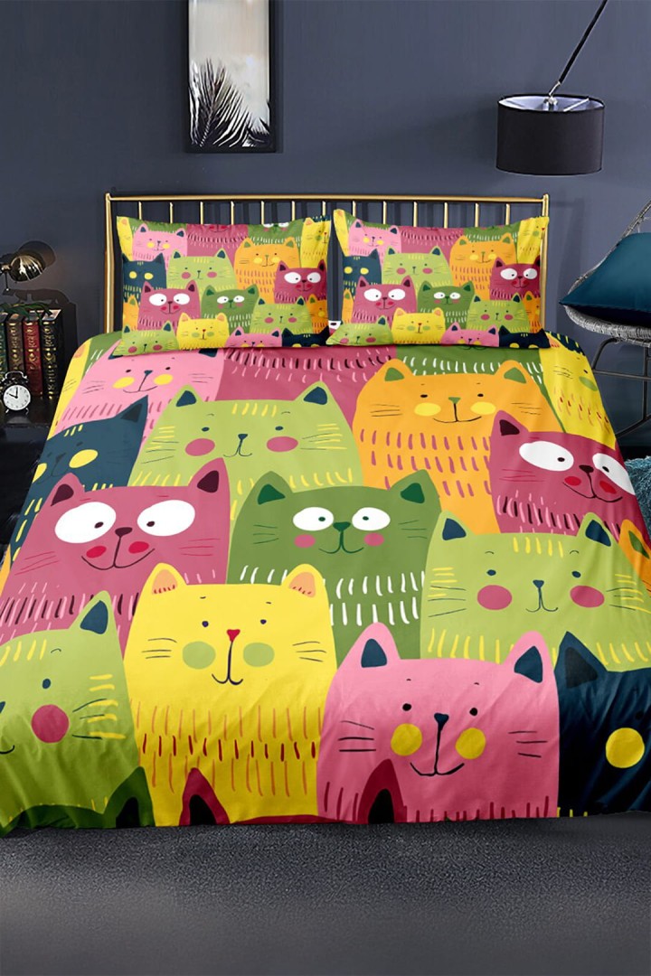 Baumwollbettwäsche in Katzen 160x200 cm + 2 Kopfkissenbezüge
