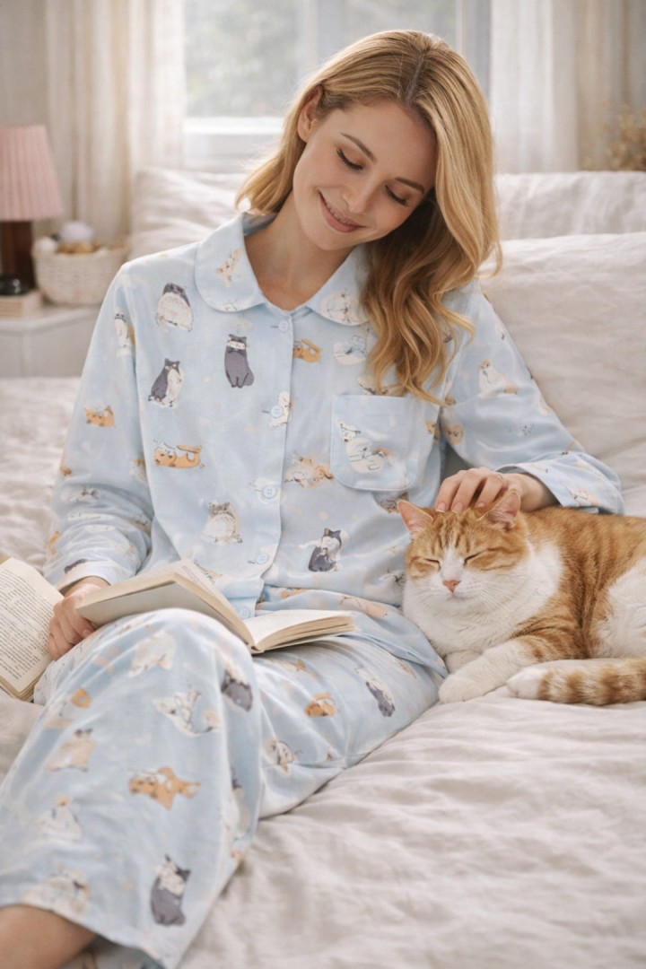Langärmeliger Katzenpyjama grün