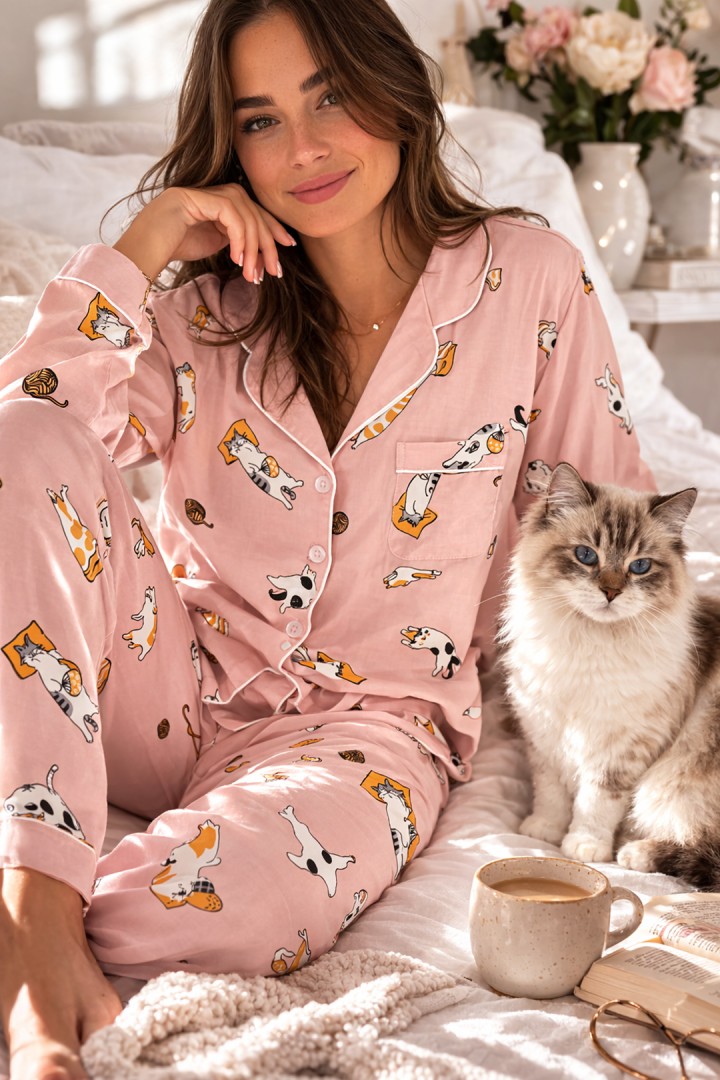 Zweiteiliger Pyjama für Damen in Kätzchenrosa
