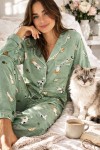 Langärmeliger Katzenpyjama grün