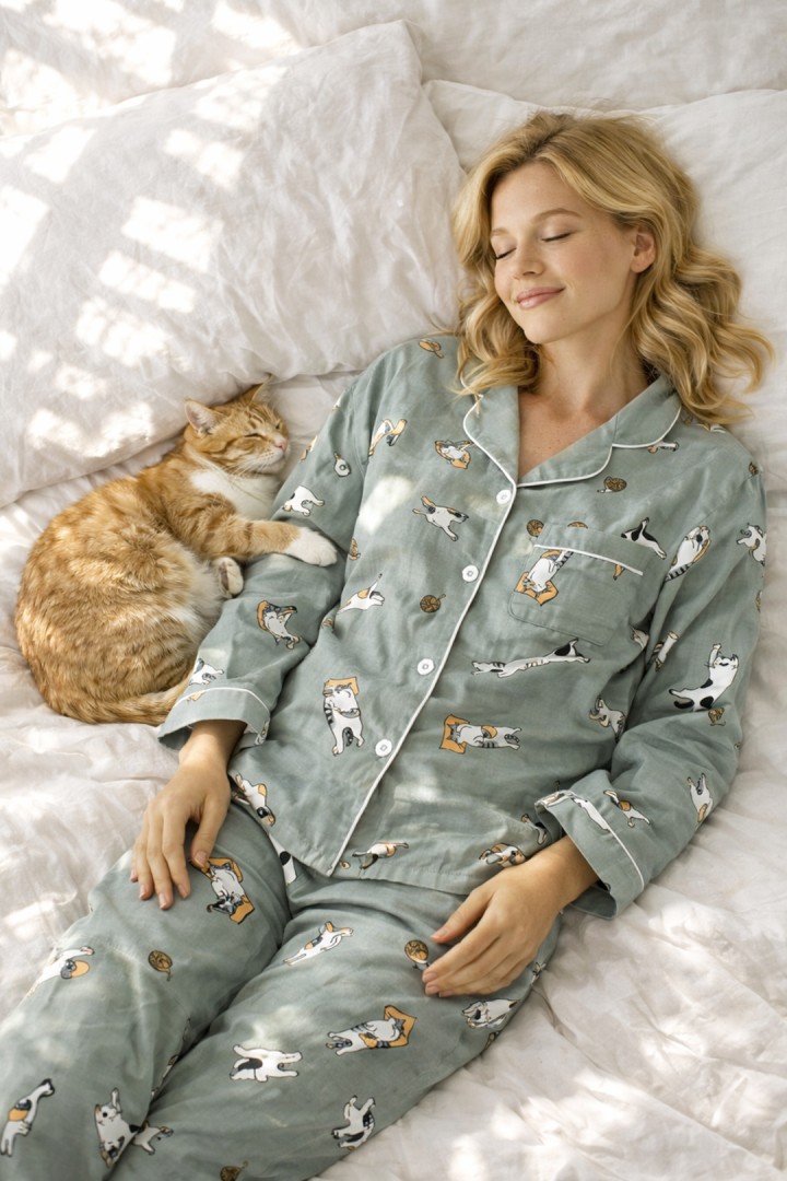 Langärmeliger Katzenpyjama grün