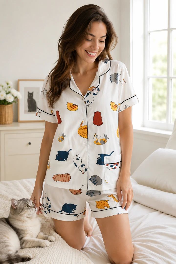 Kurzärmeliger Katzen-Pyjama für Damen