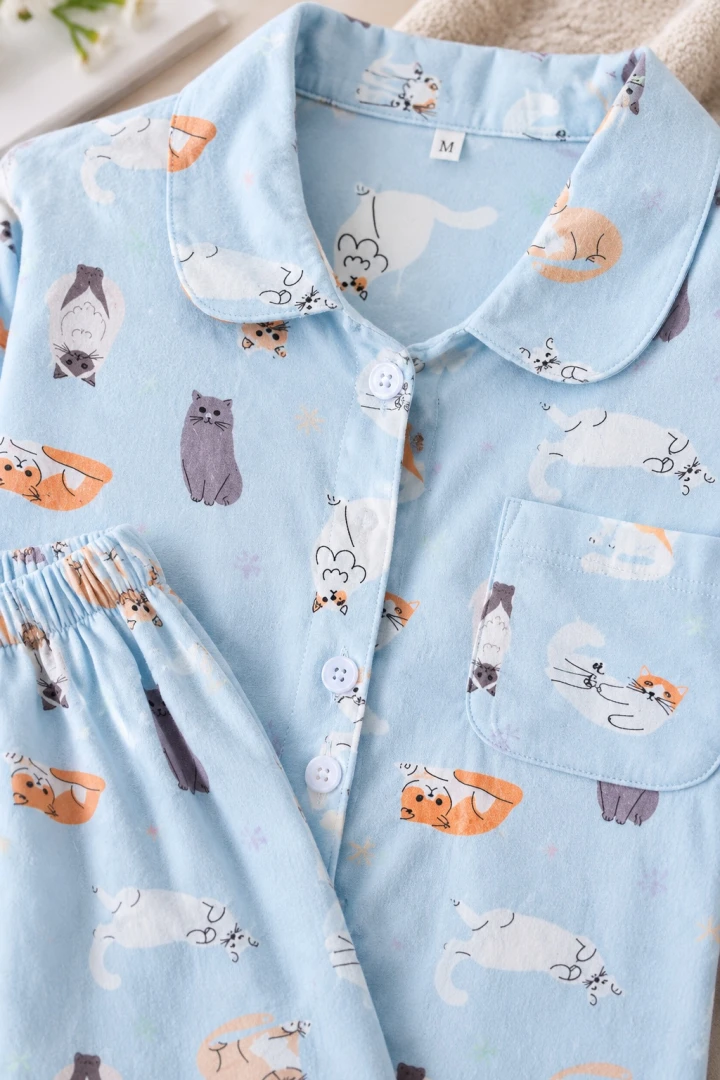 Damenpyjama mit Katzenmotiv langärmlig Hellblau