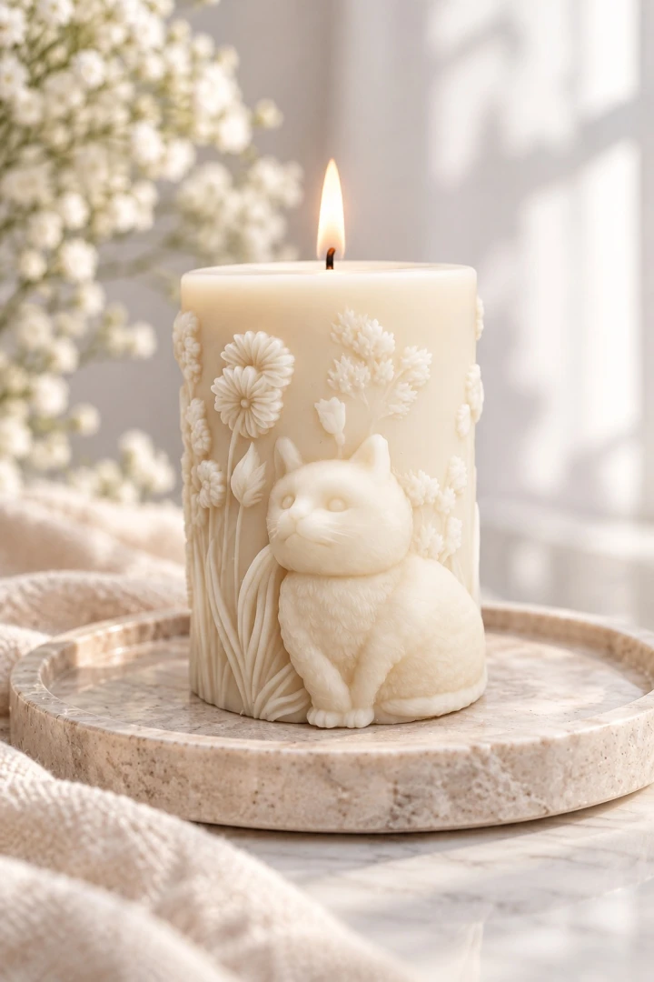 Natürliche Sojakerze mit Katze zwischen Gräsern und Blumen