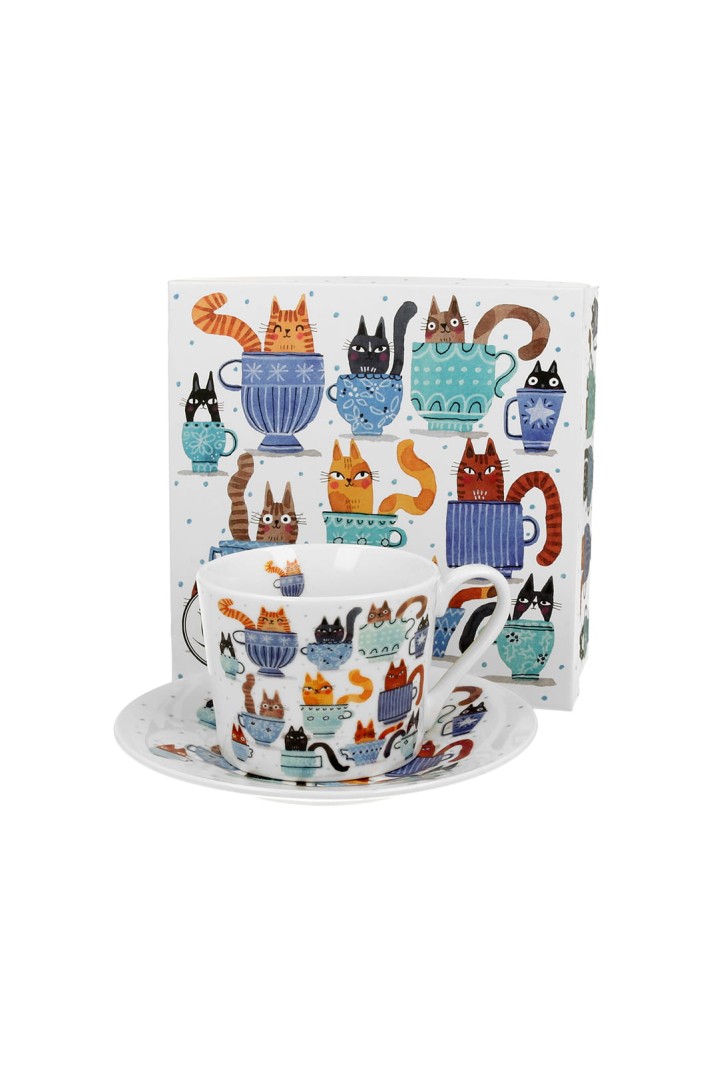 Porzellantasse mit Untertasse Cat's World